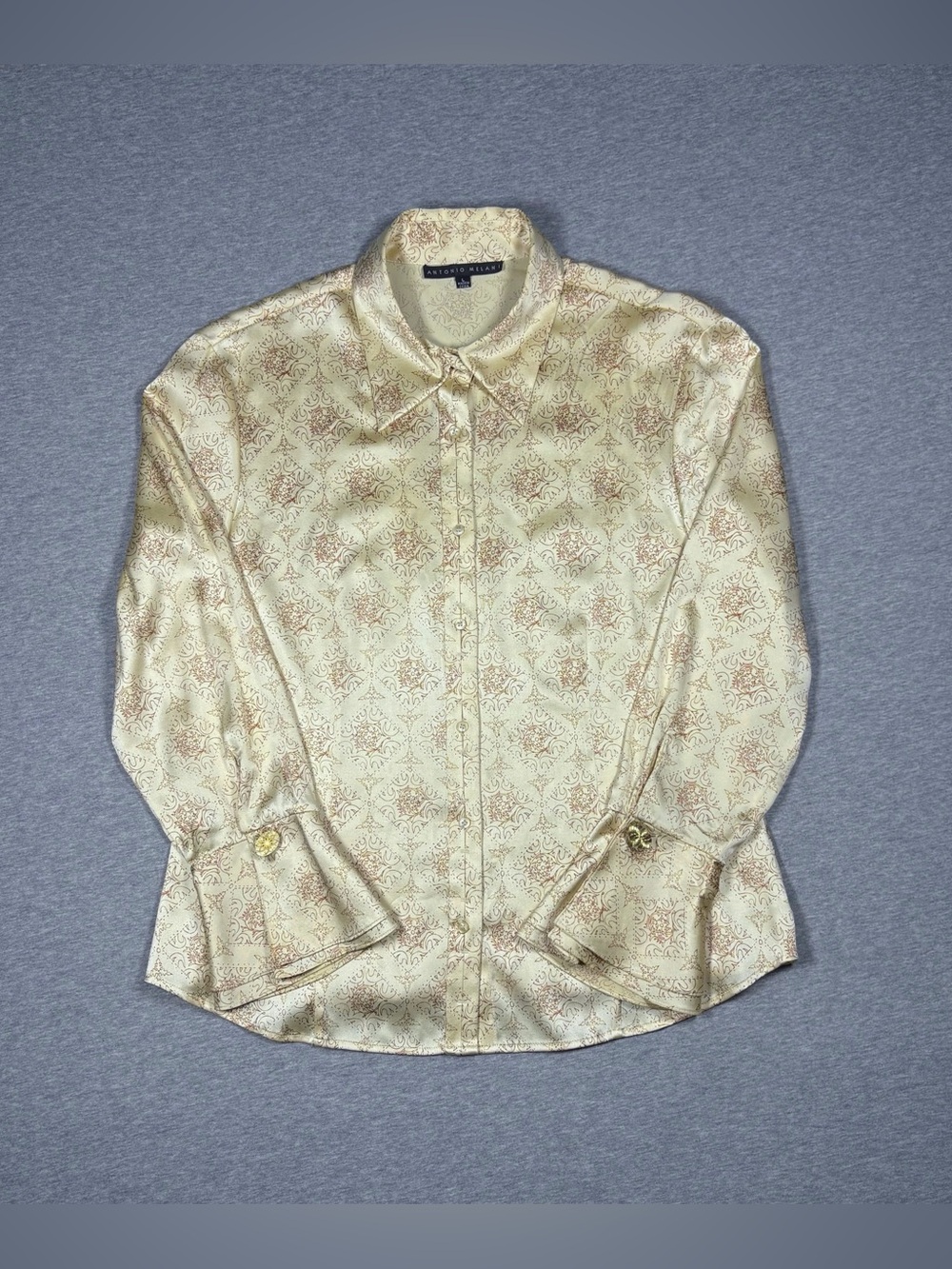 Antonio Melani Silk Button Up Long Sleeve Blouse Champagne Geometric Women’s L